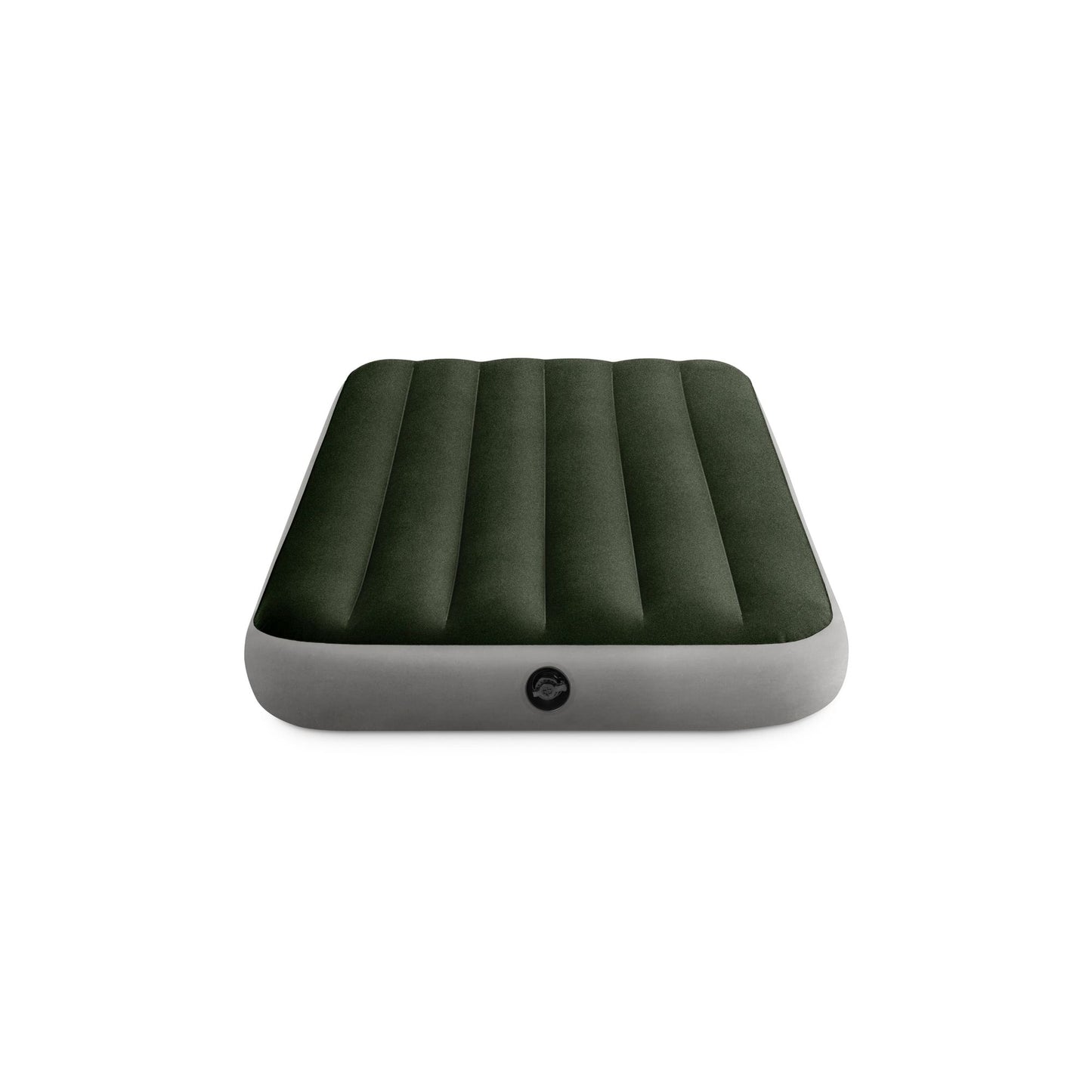 Intex Twin Dura-Beam Prestige Airbed with green flocked top and gray base, shown on plain white background