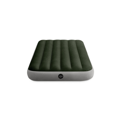 Intex Twin Dura-Beam Prestige Airbed with green flocked top and gray base, shown on plain white background