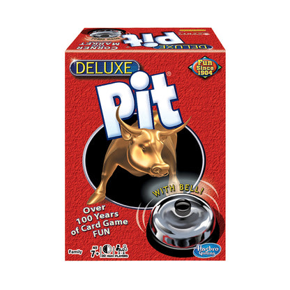 Deluxe Pit card game box featuring gold bull figurine, silver bell, and red packaging with 'Fun Since 1904' seal