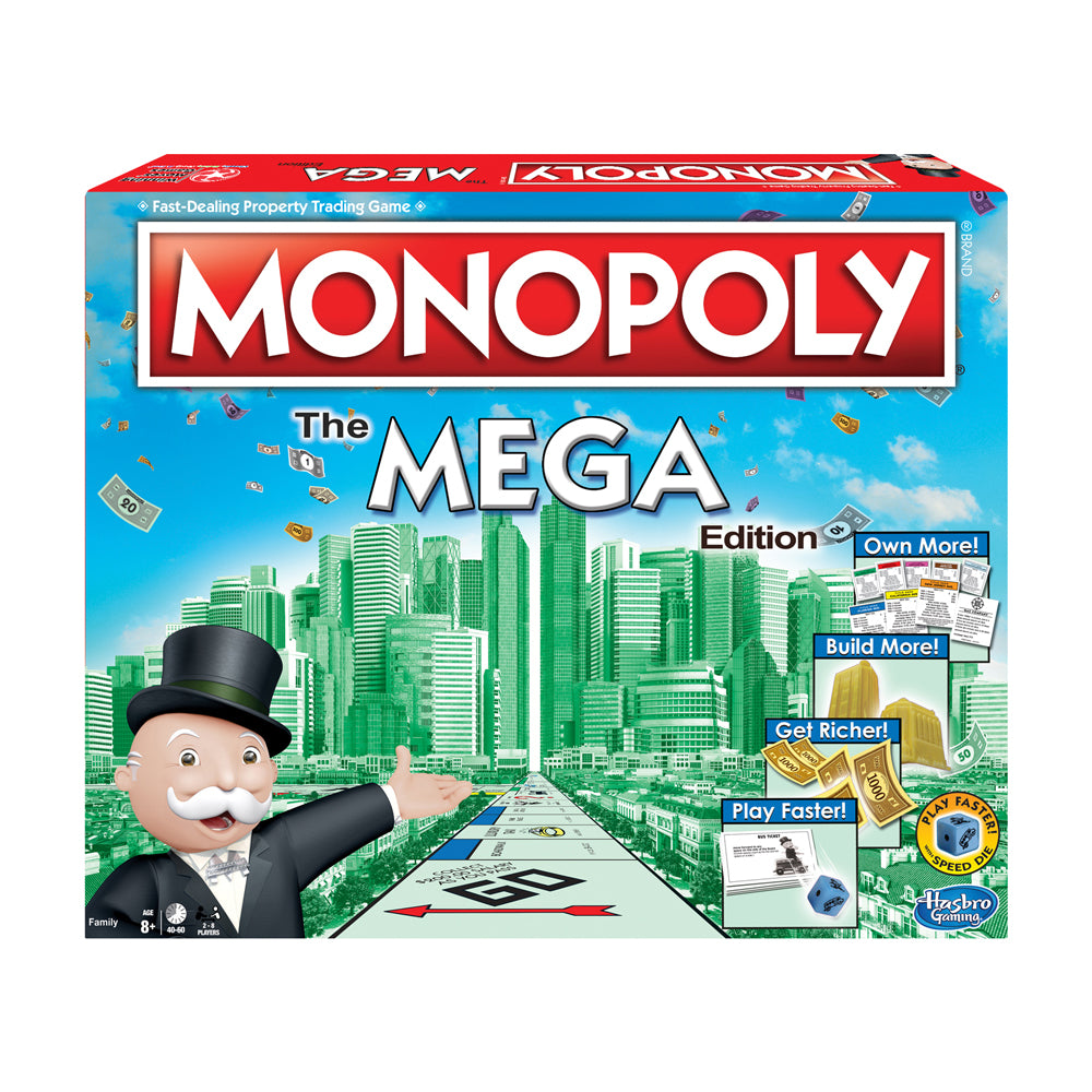 Monopoly The Mega Edition board game box featuring the classic Mr. Monopoly character in a top hat, with a green cityscape and game components displayed on the