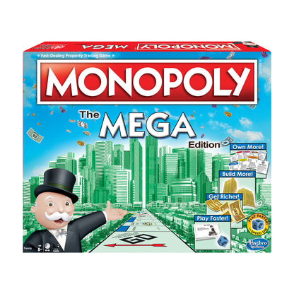 Monopoly The Mega Edition board game box featuring the classic Mr. Monopoly character in a top hat, with a green cityscape and game components displayed on the