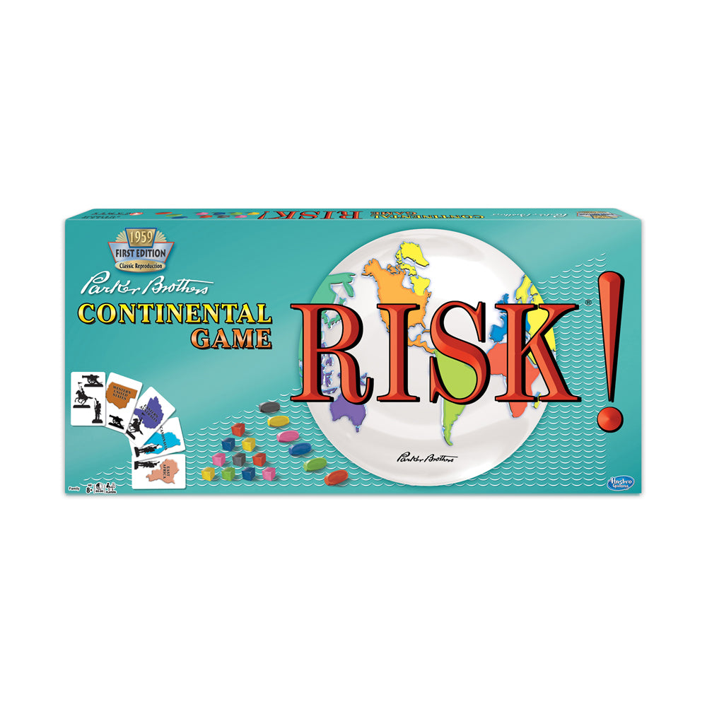Risk 1959 First Edition Classic board game box featuring turquoise background, world map in center circle, game cards and colored pieces displayed