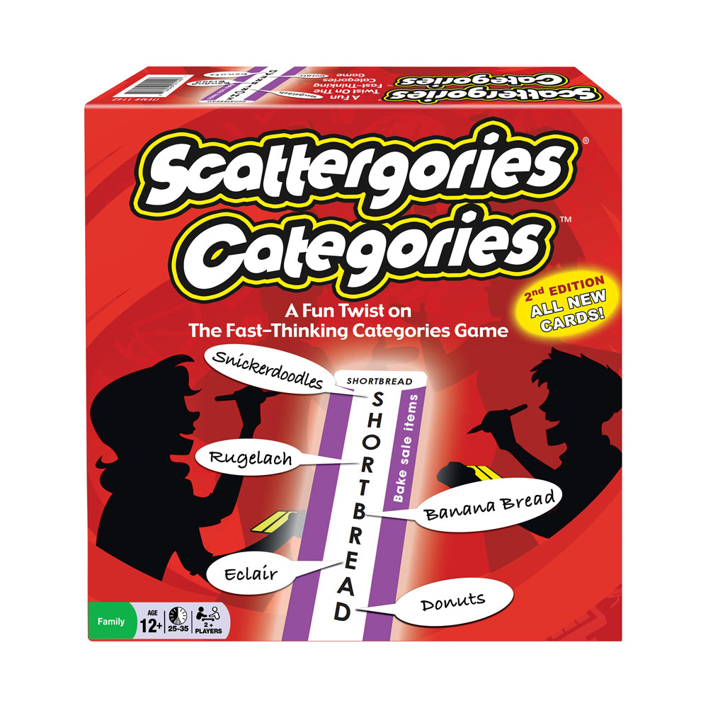 Scattergories Categories board game box, 2nd Edition, red packaging showing game silhouettes and category cards with words like Snickerdoodles, Shortbread, and
