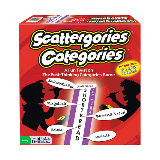 Scattergories Categories board game box, 2nd Edition, red packaging showing game silhouettes and category cards with words like Snickerdoodles, Shortbread, and