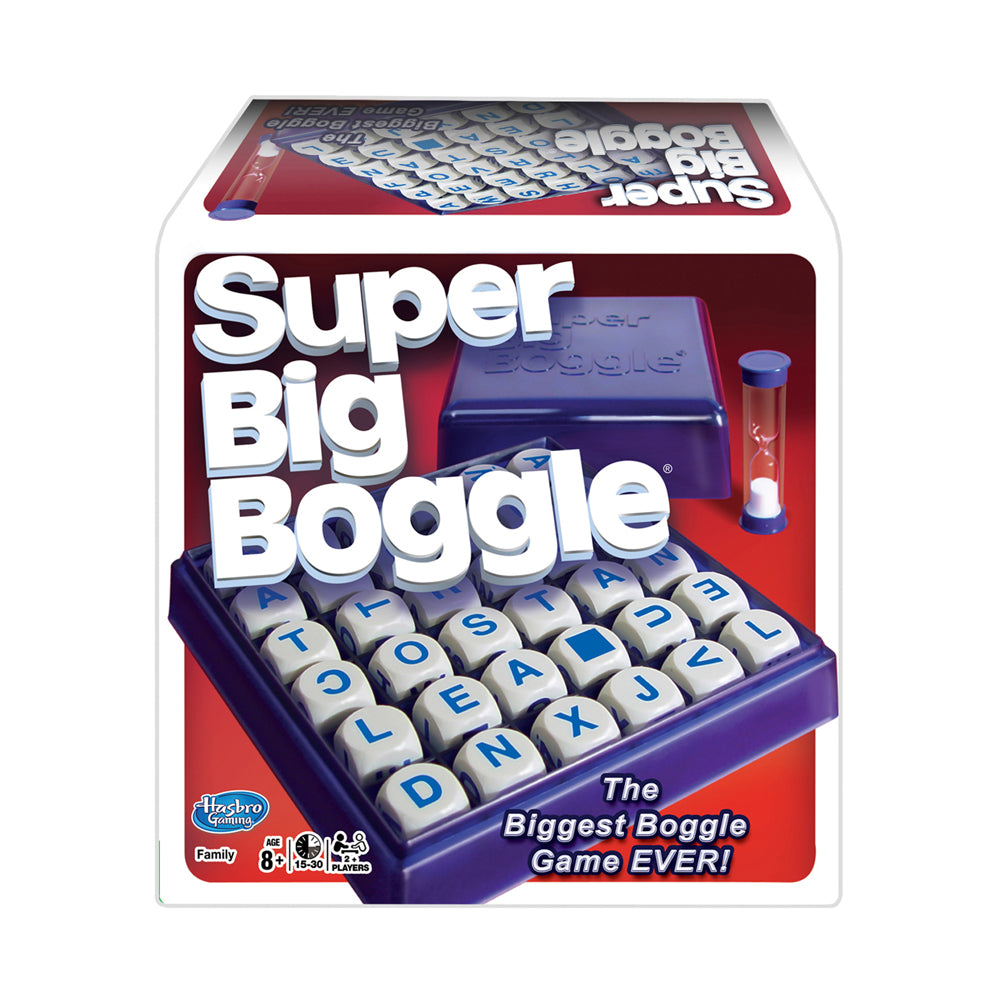 Super Big Boggle board game package with purple letter cube tray, blue dome cover, and sand timer