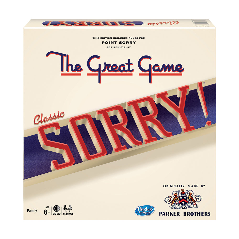 Classic Sorry board game box with cream and navy design, red lettering, includes Point Sorry rules for adult play, ages 6+, 2-30 players