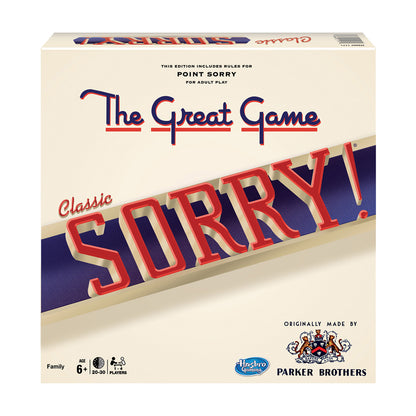 Classic Sorry board game box with cream and navy design, red lettering, includes Point Sorry rules for adult play, ages 6+, 2-30 players