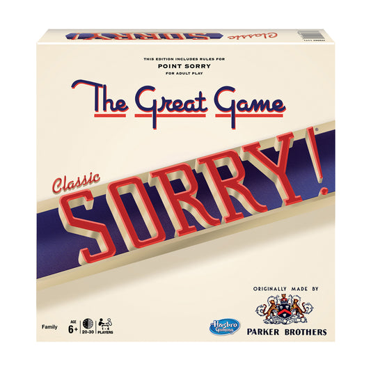 Classic Sorry board game box with cream and navy design, red lettering, includes Point Sorry rules for adult play, ages 6+, 2-30 players