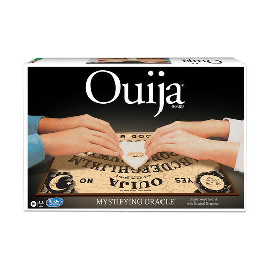 Ouija Board game box showing two hands on the planchette with vintage-style board featuring letters, numbers, and mystical graphics