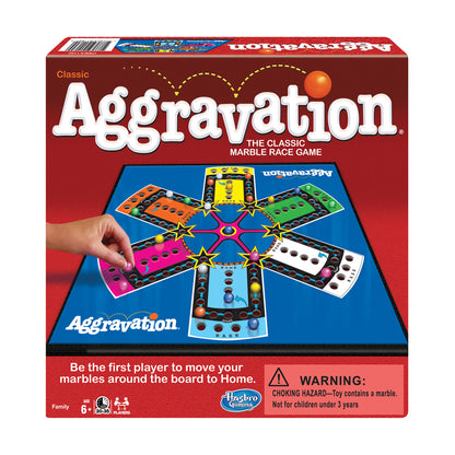 Classic Aggravation marble race board game box showing colorful star-shaped board with marble tracks in orange, pink, green, and white, modeled by a child's han