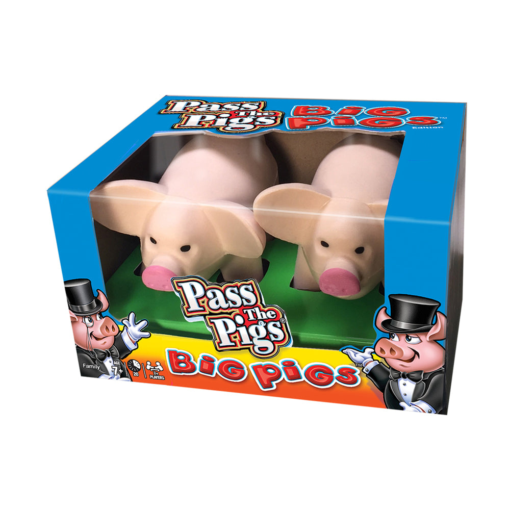 Pass the Pigs: Big Pigs Edition game box with two oversized foam pig figurines visible through clear window packaging