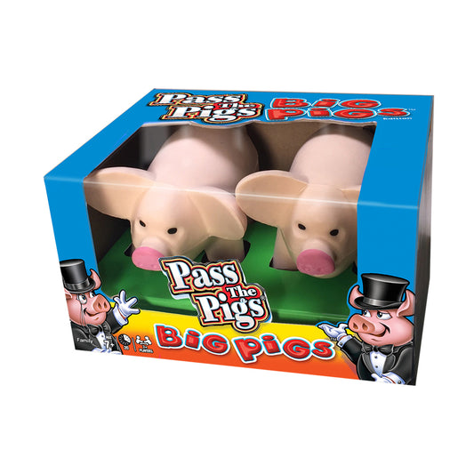 Pass the Pigs: Big Pigs Edition game box with two oversized foam pig figurines visible through clear window packaging