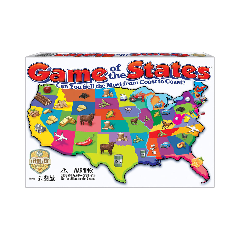 Game of the States board game box showing colorful US map with state-specific icons and products, tagline 'Can You Sell the Most from Coast to Coast?'