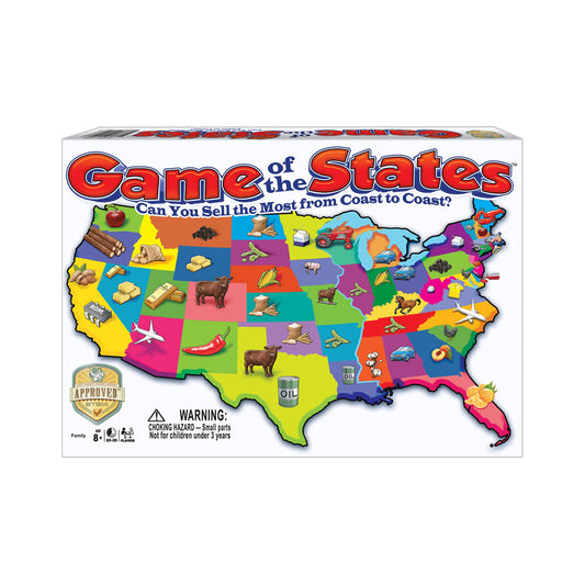 Game of the States board game box showing colorful US map with state-specific icons and products, tagline 'Can You Sell the Most from Coast to Coast?'