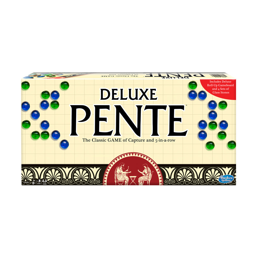 Deluxe Pente board game box showing cream-colored gameboard with green and blue glass stones arranged on sides, classic game title, and red decorative band at b