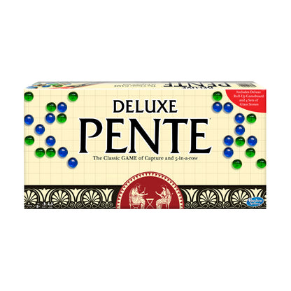 Deluxe Pente board game box showing cream-colored gameboard with green and blue glass stones arranged on sides, classic game title, and red decorative band at b