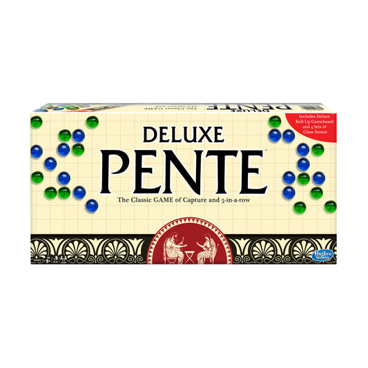 Deluxe Pente board game box showing cream-colored gameboard with green and blue glass stones arranged on sides, classic game title, and red decorative band at b