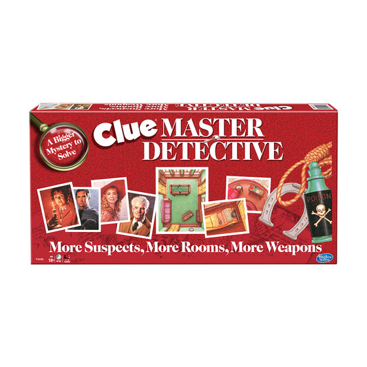 Clue Master Detective board game box featuring red packaging with suspect character photos, game board showing rooms, weapons including a poison bottle, and tag