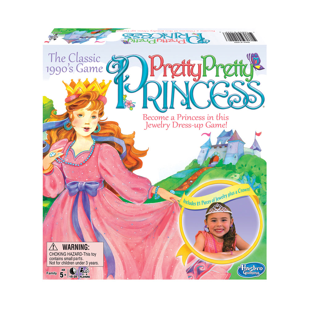 Classic Pretty Pretty Princess Jewelry Dress-Up Board Game box showing illustrated princess in pink gown with crown, castle, and photo of child modeled wearing