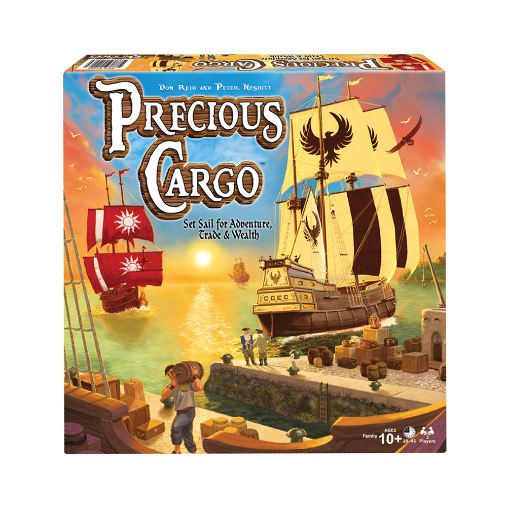 Precious Cargo board game box featuring sailing ships with yellow and red sails in a harbor at sunset, wooden cargo crates on a dock, and players trading goods
