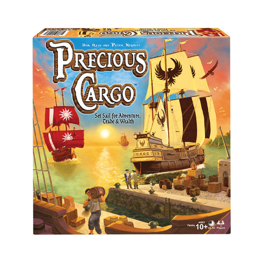 Precious Cargo board game box featuring sailing ships with yellow and red sails in a harbor at sunset, wooden cargo crates on a dock, and players trading goods