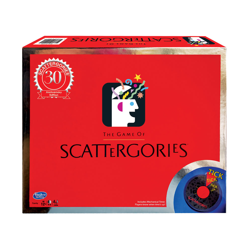 Scattergories 30th Anniversary Edition board game box with red cover, game logo, mechanical timer, and Hasbro branding