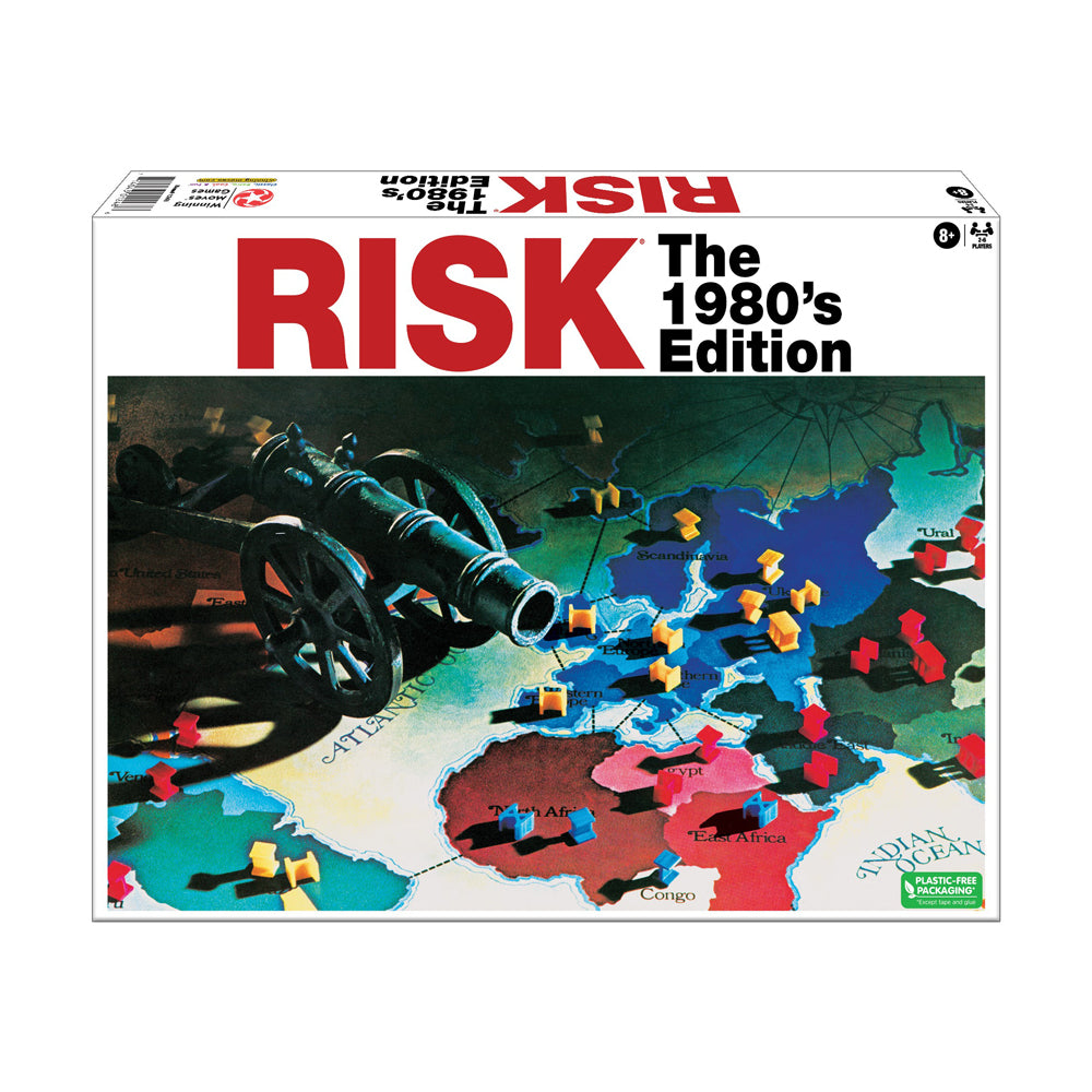 Risk 1980's Edition board game box showing vintage world map with colored territories, army pieces, and cannon