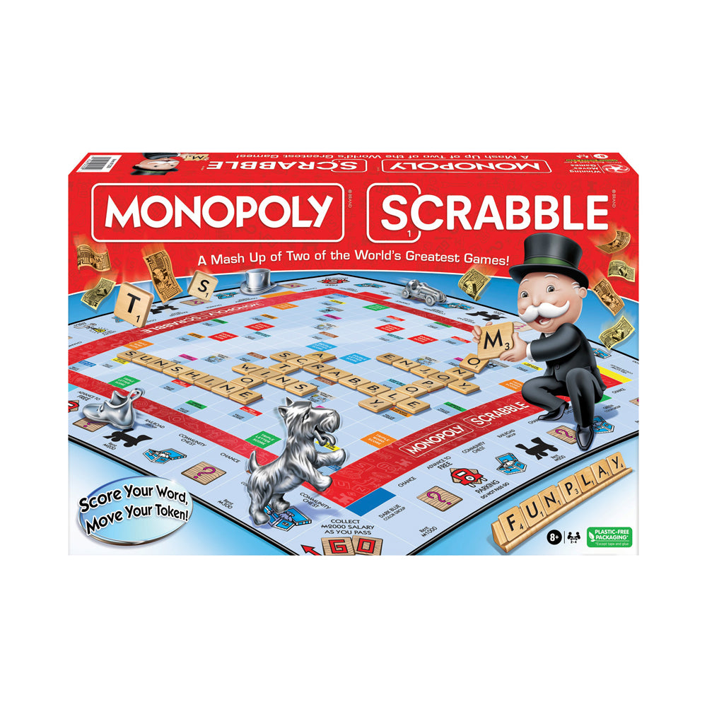 Monopoly Scrabble hybrid board game box showing combined game board with Scrabble letter tiles and Monopoly elements, Mr. Monopoly character, and game pieces