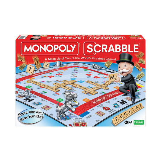 Monopoly Scrabble hybrid board game box showing combined game board with Scrabble letter tiles and Monopoly elements, Mr. Monopoly character, and game pieces