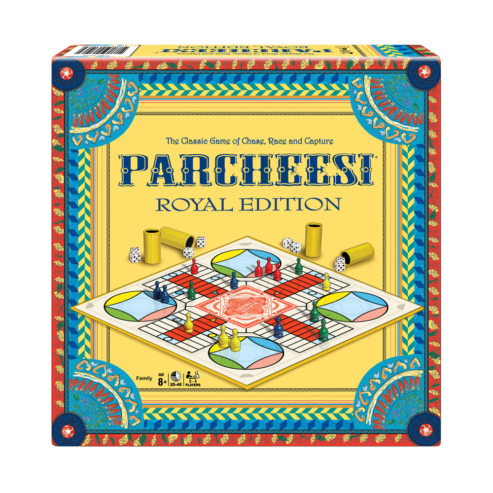 Parcheesi Royal Edition board game box showing ornate blue and red border, yellow background, game board with colored pawns and dice cups, classic chase and rac