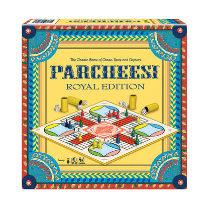 Parcheesi Royal Edition board game box showing ornate blue and red border, yellow background, game board with colored pawns and dice cups, classic chase and rac