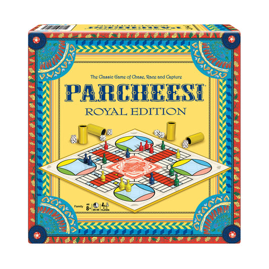 Parcheesi Royal Edition board game box showing ornate blue and red border, yellow background, game board with colored pawns and dice cups, classic chase and rac