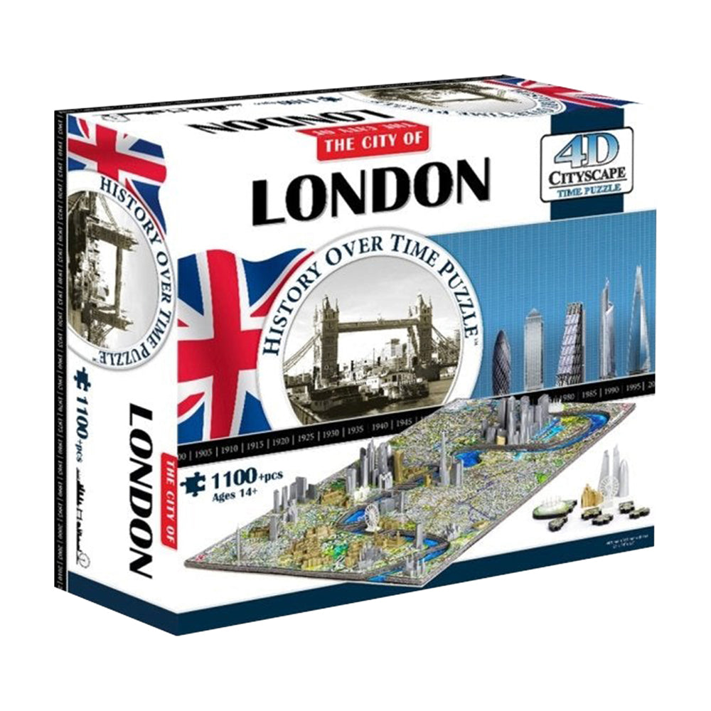 4D Cityscape Time Puzzle - The City of London 1100-piece puzzle box showing historical timeline of London landmarks and 3D cityscape board