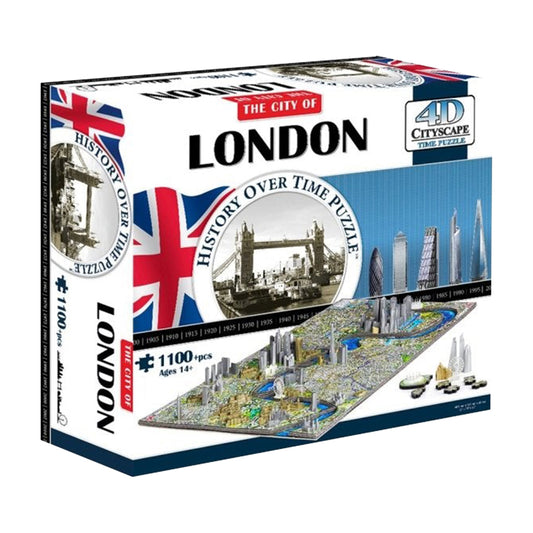 4D Cityscape Time Puzzle - The City of London 1100-piece puzzle box showing historical timeline of London landmarks and 3D cityscape board
