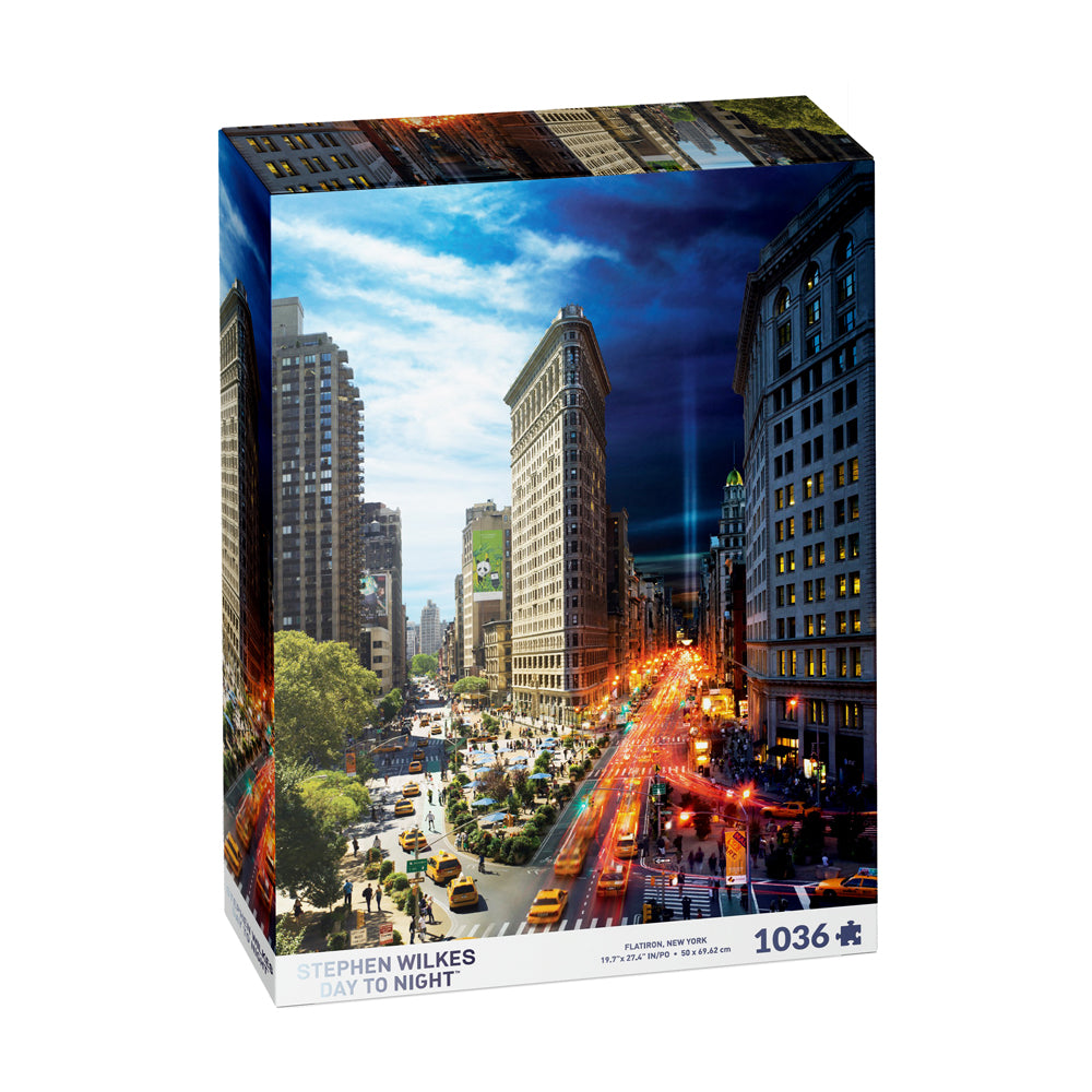4D Cityscape Stephen Wilkes Day to Night Flatiron puzzle box showing split image of NYC street scene in daylight on left and same street illuminated at night on