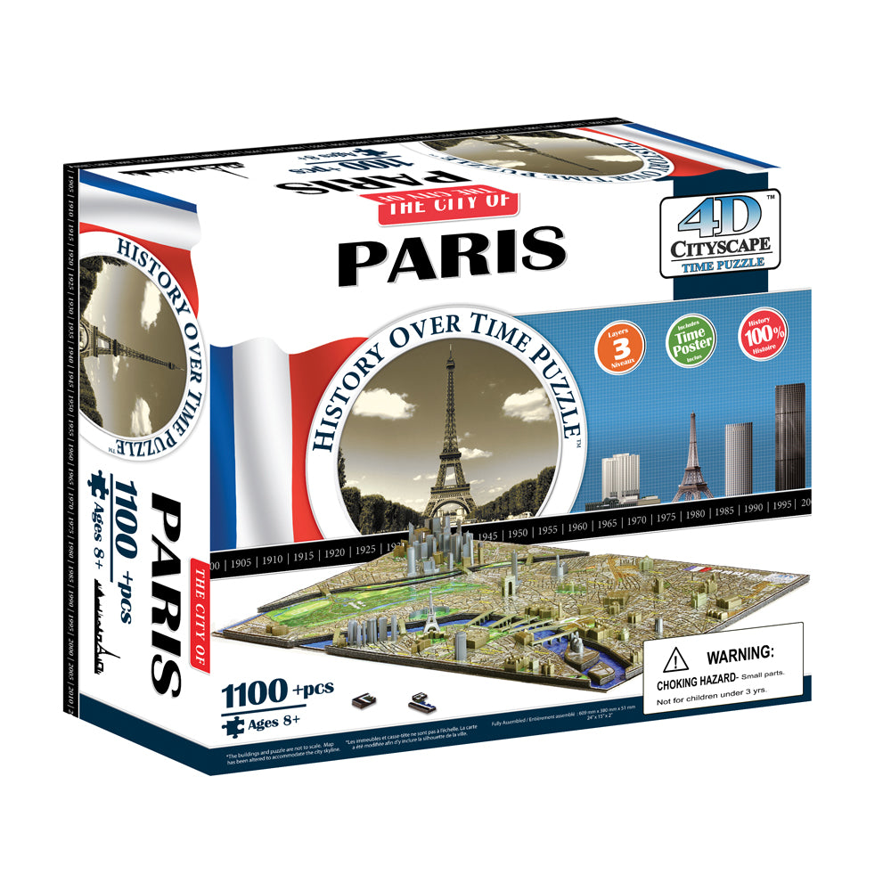4D Cityscape Time Puzzle of Paris showing box with Eiffel Tower image, 1100+ pieces, includes 3D cityscape map layer and timeline poster of Paris history from 1