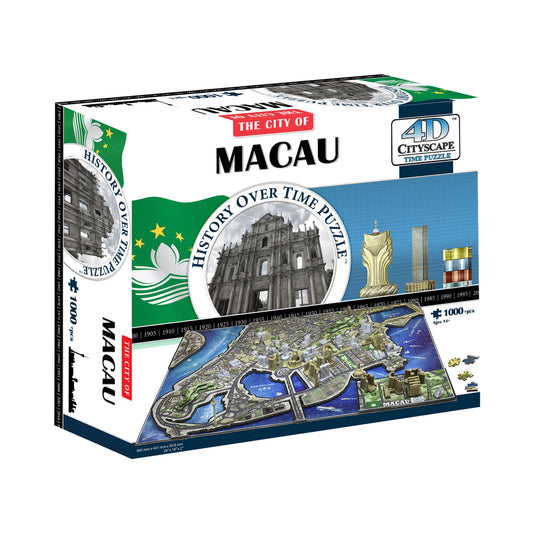 4D Cityscape Time Puzzle - The City of Macau box showing 1000-piece puzzle with historical building images, 3D cityscape map, and timeline spanning 1900-1995