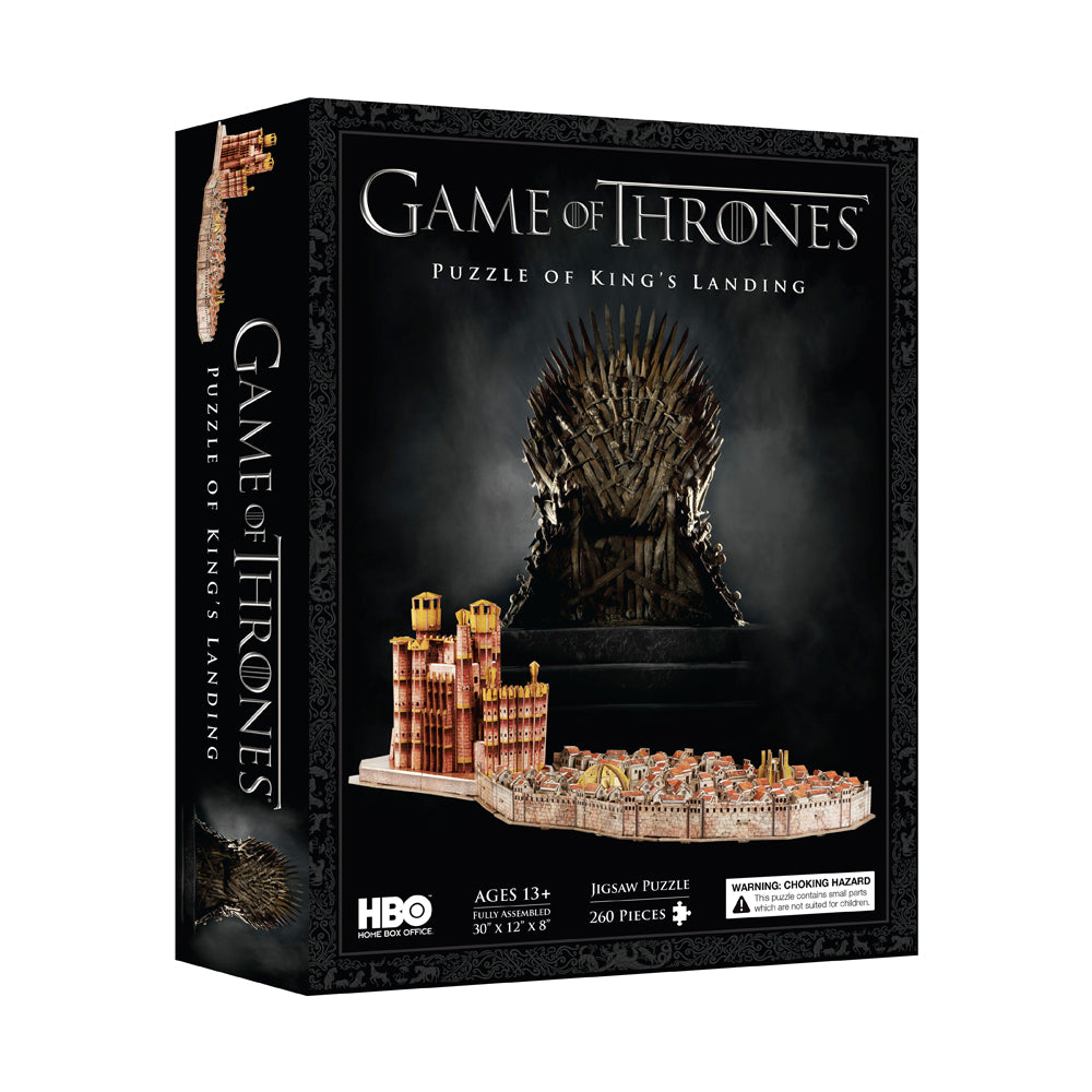 Game of Thrones Puzzle of King's Landing 3D puzzle box showing assembled castle and walled city model with Iron Throne image, 260 pieces, ages 13+