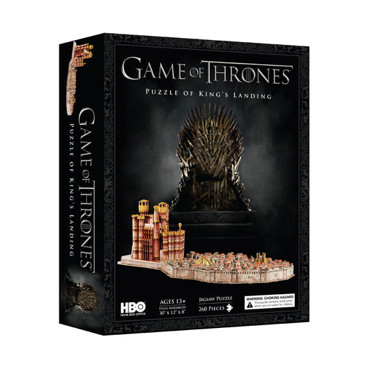 Game of Thrones Puzzle of King's Landing 3D puzzle box showing assembled castle and walled city model with Iron Throne image, 260 pieces, ages 13+