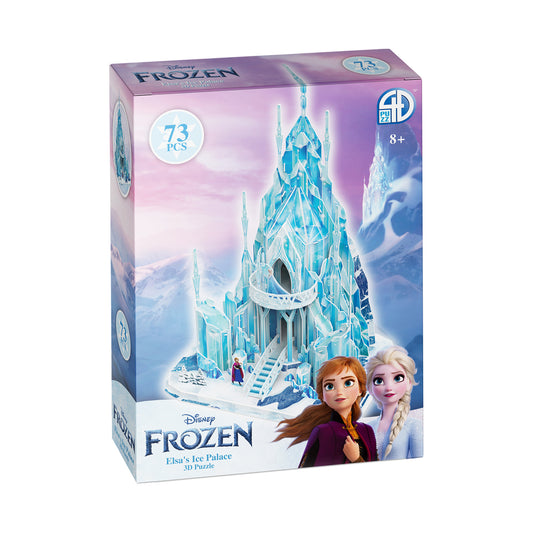 Disney Frozen Elsa's Ice Palace 3D Puzzle box showing 73-piece foam building set with blue crystalline palace structure and character portraits of Elsa and Anna