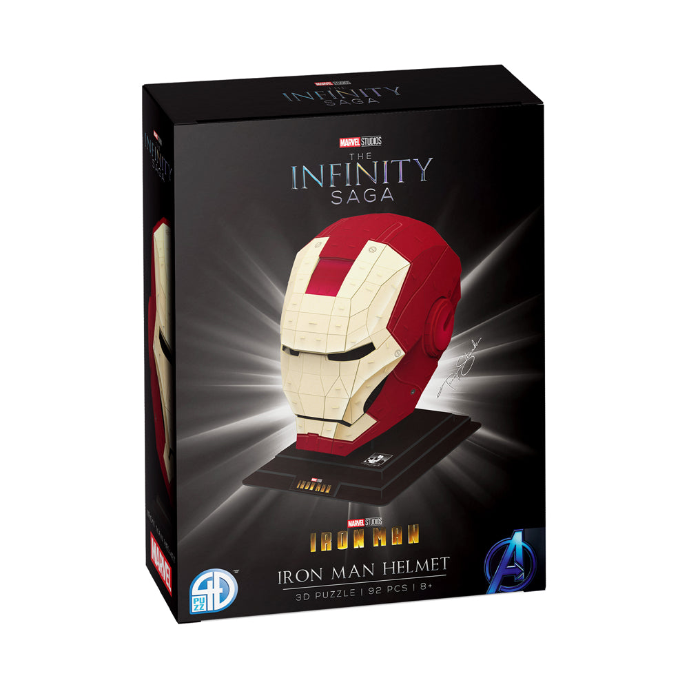 Marvel The Infinity Saga Iron Man Helmet 3D Puzzle box featuring a red and gold helmet on black display stand, 92 pieces, age 8+