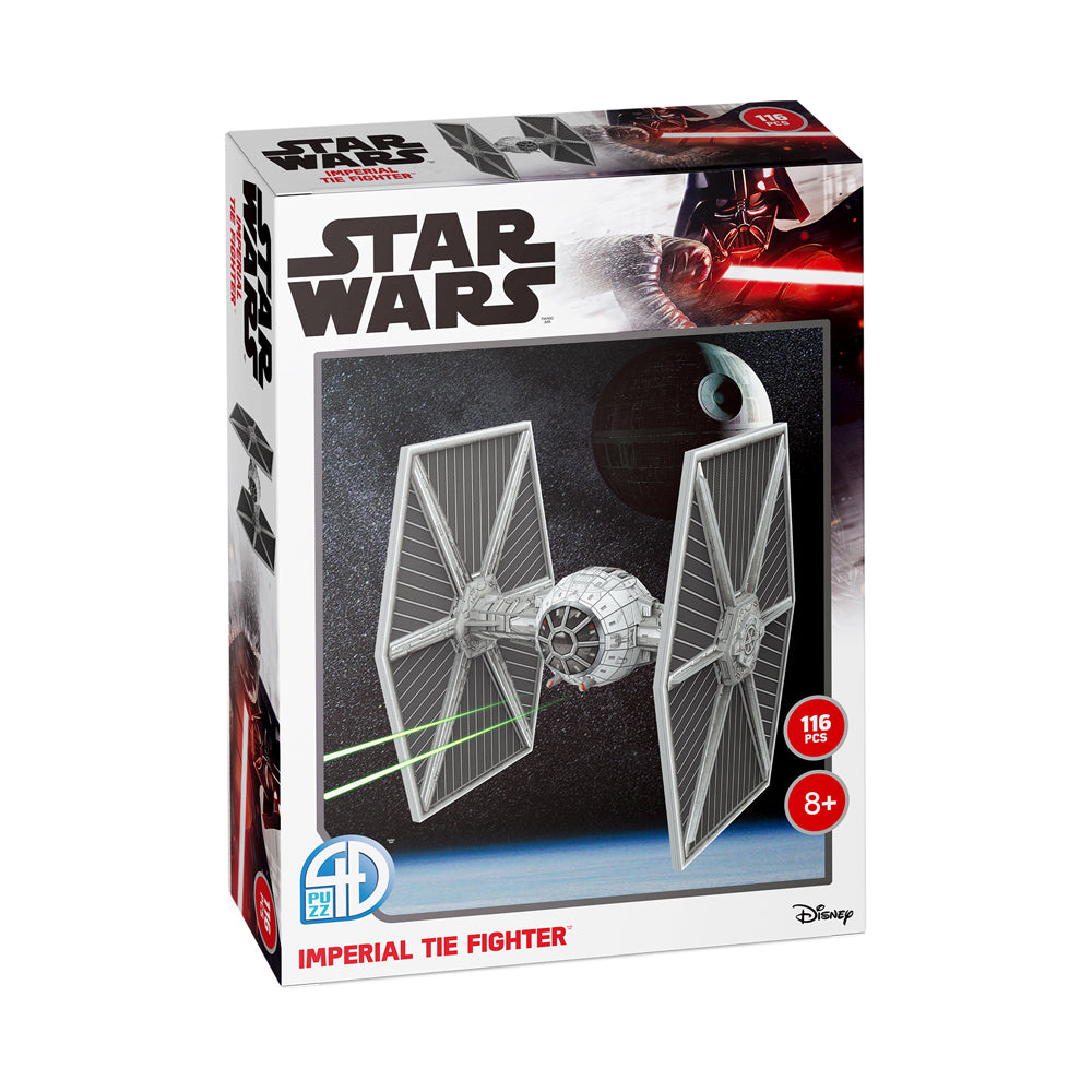 Star Wars Imperial TIE Fighter 4D Cityscape paper model kit box showing assembled white and gray spacecraft with two wing panels, 116 pieces, ages 8+