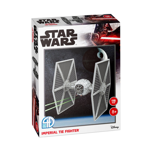 Star Wars Imperial TIE Fighter 4D Cityscape paper model kit box showing assembled white and gray spacecraft with two wing panels, 116 pieces, ages 8+