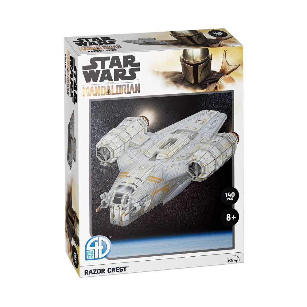 Star Wars The Mandalorian Razor Crest 140-piece paper model kit box showing assembled white and gold spacecraft against starfield background