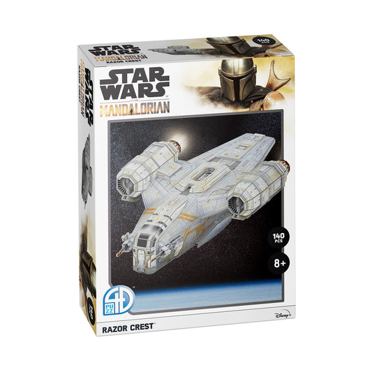Star Wars The Mandalorian Razor Crest 140-piece paper model kit box showing assembled white and gold spacecraft against starfield background