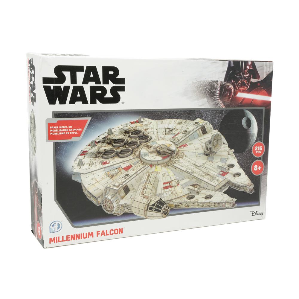 Star Wars Millennium Falcon 3D paper model kit box showing assembled cream-colored spaceship with detailed surface markings, 216 pieces, ages 8+