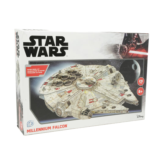 Star Wars Millennium Falcon 3D paper model kit box showing assembled cream-colored spaceship with detailed surface markings, 216 pieces, ages 8+