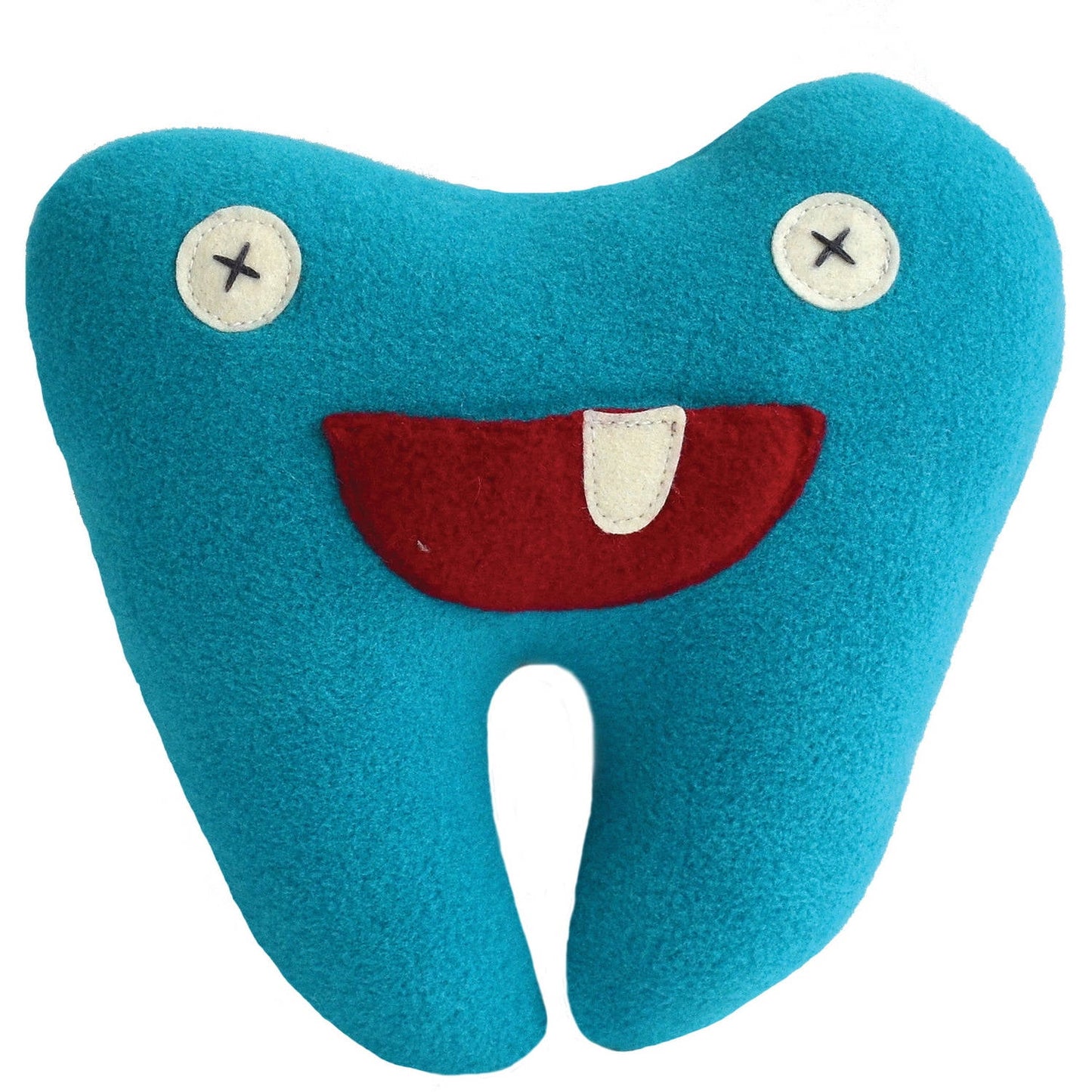 Turquoise felt tooth-shaped plush pillow with embroidered X eyes, red smiling mouth with white tooth detail, and white stitching accents