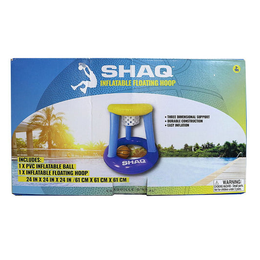 SHAQ Inflatable Floating Hoop product packaging showing blue and yellow pool basketball hoop with included ball, 24 by 24 by 24 inches