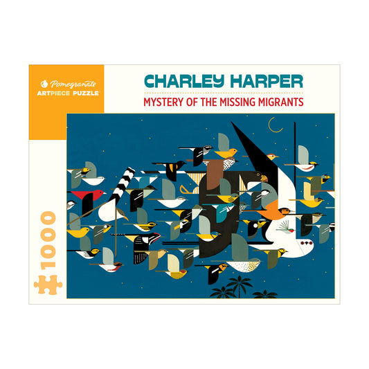 Charley Harper Mystery of the Missing Migrants 1000-piece puzzle box showing stylized illustration of colorful birds in flight against dark blue night sky with